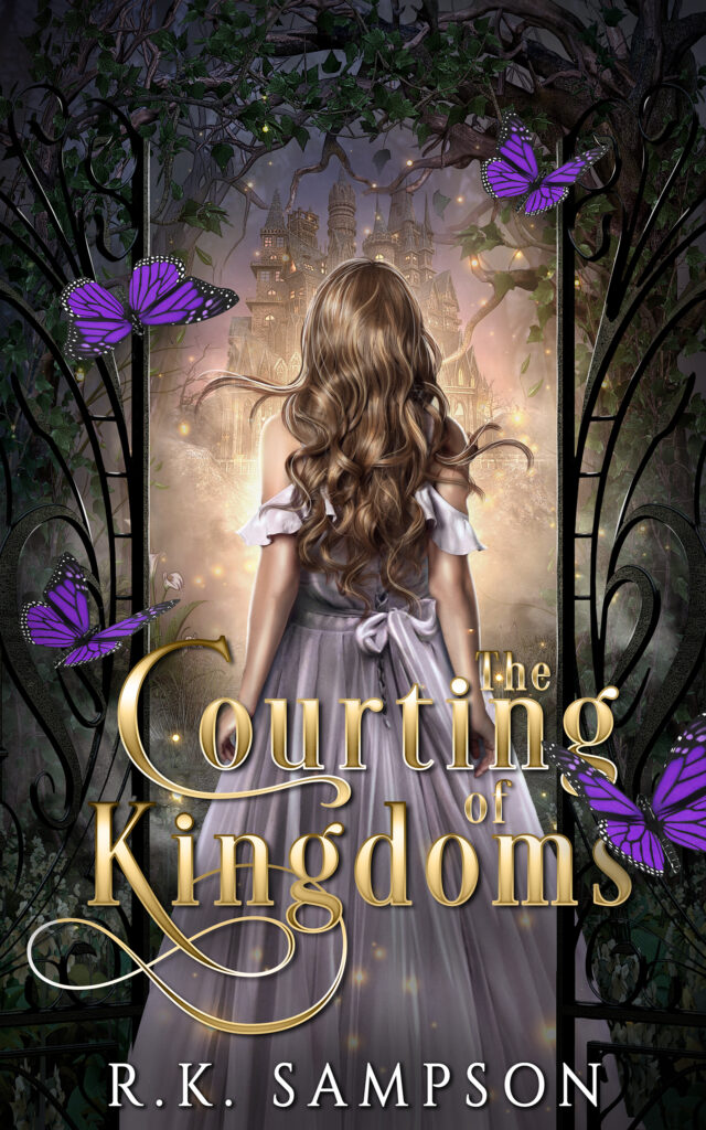 Alternate special edition book cover of The Courting of Kingdoms by R.K. Sampson, showing a young woman in a flowing lavender gown facing a glowing castle through an arched gate, with enchanted purple butterflies and ivy framing the scene.