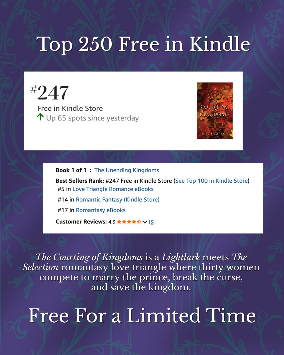 Madeline Parch didn't account for her traitorous heart.

Free for only a few days more, grab The Courting of Kingdoms, pitched as Lightlark meets The Selection, where thirty women are called by a prophecy to compete to marry the prince, break the curse, and save the kingdom.

This is a true love triangle and she cannot keep them both.

I was re-reading the ending this week and phew, it's one of my favorite books I've ever written.

You'd enjoy The Courting of Kingdoms by R. K. Sampson if you love plot twists, prophecies, royal balls, magic, angst, high stakes, and secret kisses in empty hallways at night 👀

This is the kind of book you'll want to read twice, once to enjoy the story, and then again to find all the clues you missed along the way.

Also available in what I call the Foreshadow Special Edition paperback with the princess cover, with an indulgent 12-page essay on the behind the scenes making of the book!

If you are reading this after the free promotion is over, TCOK is in Kindle Unlimited, and requestable in your local library apps.

I can't wait for you to read this! If you grab it and read this weekend, don't forget to leave a review 💕

#lovetriangle #kindlefinds #bookishdeals #indiebooks